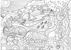 Colouring to customise Whale Sea Boat Zentangle Marine Or Aquatic Animals Lighthouse Marine Vehicles Waves