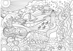 Coloring to customize Whale Sea Boat Zentangle Marine or aquatic animals Lighthouse Maritime vehicles Waves