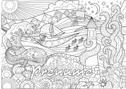 Desen liber de colorat Balena Mare Barcă Zentangle Animale marine sau acvatice Far Vehicule maritime Valuri