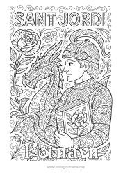 Farvelægningssiden tilpasning Drage Rose Komplekse farvelægninger Bog Zentangle Drager, enhornede heste og fantastiske dyr Sant Jordi eller Sankt Georg Lekture