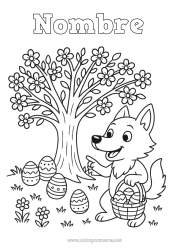 Colorear para personalizar Lobo Huevos de Pascua Pascua de Resurrección Árbol Animales del bosque Cerezo