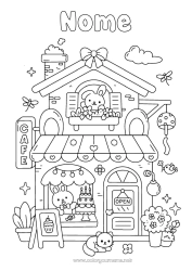 Desenho grátis Fofo Kawaii Coelho Café Bebida Casa Animais da floresta Loja