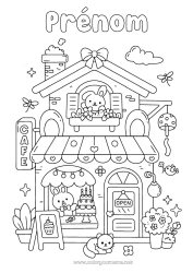 Coloriage gratuit Mignon Kawaii Lapin Café Boisson Maison Animaux de la forêt Boutique