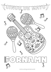 Gratis färgläggning Musik Cinco de Mayo Musikens dag Gitarr Maracas Musikinstrumenter