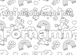 Gratis färgläggning Blommor Söt Enhörning Djur Utsmyckat namn Regnbåge Regn Drakar, enhörningar och fantastiska djur Moln Dekorativ bakgrund