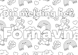 Fargeleggingssiden å tilpasse Blomster Søt Enhjørning Dyr Dekorert navn Regnbue Regn Drager, enhornede hester og fantastiske dyr Sky Dekorativ bakgrunn