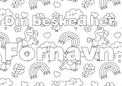 Farvelægningssiden tilpasning Blomster Kawaii Enhjørning Dyr Dekoreret navn Regnbue Regn Drager, enhornede heste og fantastiske dyr Sky Dekorativ baggrund