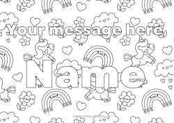 Coloring to customize Flowers Kawaii Unicorn Animal Decorated name Rainbow Rain Dragons, unicorns and fantastic animals Cloud Decorative background
