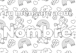 Colorear gratis Flores Kawaii Unicornio Animales Nombre decorado Arcoíris Lluvia Dragones, unicornios y animales fantásticos Nube Fondo decorativo