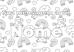 Desenho grátis Flores Kawaii Unicórnio Animal Nome decorado Arco-íris Chuva Dragões, unicórnios e animais fantásticos Nuvem Fundo decorativo