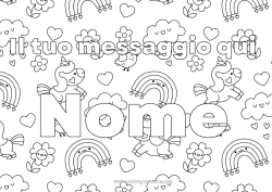 Disegno gratuito Fiori Kawaii Unicorno Animale Nome decorato Arcobaleno Pioggia Draghi, unicorni e animali fantastici Nube Sfondo decorativo