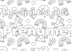 Pagină de colorat personalizată Flori Drăguț Unicornă Animal Nume decorat Curcubeu Plouă Dragoni, unicorni și animale fantastice Nor Fundal decorativ