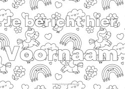 Kleurplaat aanpassen Bloemen Kawaii Eenhoorn Dier Gedecoreerde naam Regenboog Regen Draken, eenhoorns en fantastische dieren Wolk Decoratieve achtergrond