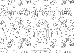 Kostenlose Malvorlage Blumen Kawaii Einhorn Tier Dekorierter Name Regenbogen Regen Drachen, Einhörner und fantastische Tiere Wolke Dekorativer Hintergrund