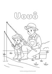 Página de desenho infantil Pesca Criança Botas Adulto