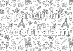 Kleurplaat aanpassen Gedecoreerde naam Frankrijk Symbolen Eiffeltoren Parijs Monument Decoratieve achtergrond