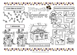 Colorear gratis Pirata Actividades para niños Buscar y encontrar Tesoro Laberinto Mantel individual para imprimir Encuentra las Diferencias Une los Números