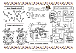 Desenho para personalizar Pirata Atividades para Crianças Ache e Encontre Tesouro Labirinto Jogo americano para imprimir Encontre as Diferenças Ligue os Números
