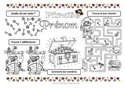 Dessin gratuit Pirate Activités enfants Cherche et trouve Trésor Labyrinthe Set de table à imprimer Jeu des différences Nombres à Relier