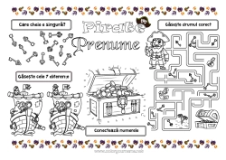 Desen liber de colorat Pirați Activități pentru copii Caută și găsește Tezaur Labirint Set de masă de imprimat Jocul diferențelor Numere de Conectat