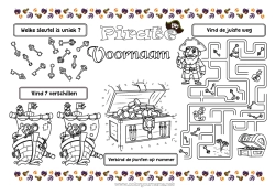 Gratis kleurplaat Piraat Activiteiten voor Kinderen Zoeken en vinden Schat Doolhof Printbare placemat Zoek de Verschillen Verbind de Getallen