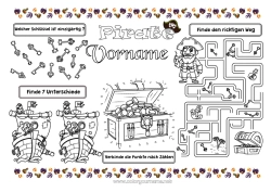 Kostenlose Zeichnung Pirat Kinderaktivitäten Finde und entdecke Schatz Labyrinth Tischset zum Ausdrucken Finde die Unterschiede Verbinde die Zahlen