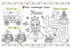 Colouring to customise Princess Children's Activities Printable Placemat Game Of Differences