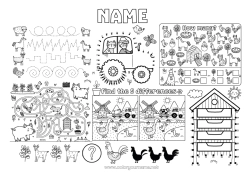 Free drawing Hen Pig Children's activities Tractor Farm vehicles I spy Trace and color Flying birds and mammals Farm animals Beehive Farmer Farm Professions Labyrinth Printable Placemat Goose
