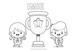 Rysunek za darmo Dziewczyna Chłopiec Puchar, trofeum, medal. Zawody i nagrody
