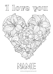 Colouring to customise Flowers Heart Big Heart "I Love You" Daffodils Complex Colouring Pages Camelia Lily