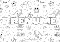 Pagină de colorat personalizată Balena Mare Animal Crab Scoici Stea de mare Animale marine sau acvatice Fundal decorativ