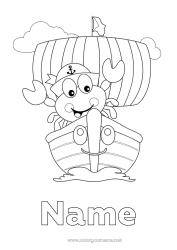 Free coloring Vehicles Animal Boat Crab Sailing boat Marine or aquatic animals Maritime vehicles Character vehicles