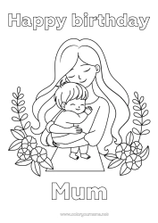 Free colouring Mum Happy birthday I love you. Child Family