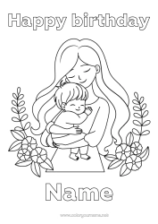 Colouring to customise Mum Happy Birthday I Love You. Child Family
