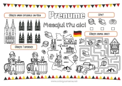 Pagină de colorat personalizată Activități pentru copii Caută și găsește Labirint Monument Hartă a țărilor Set de masă de imprimat Germania Jocul diferențelor
