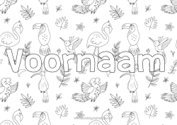 Gratis kleurplaat Dier Gedecoreerde naam Toekan Flamingo Vogels en vliegende zoogdieren Decoratieve achtergrond