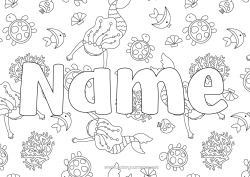 Free colouring Sea Fish Decorated name Siren Marine or aquatic animals Decorative background Sea turtle Seabed