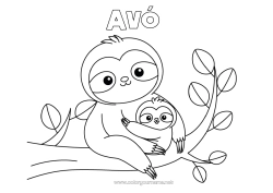 Página de desenho infantil Animal Animais da floresta Preguiçoso Família de animais Filhote