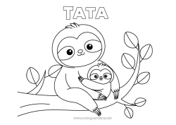 Pagină de colorat pentru copii Animal Animale din pădure Leneșul Familia animalelor Pui de animal