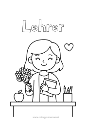 Kinder-Malvorlage Lehrer/Lehrerin Danke Büroberufe Klassenzimmer Blumenstrauß