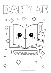Gratis kleurplaat Kawaii Eenvoudige kleurplaten Boek Gefeliciteerd Lezen Potlood Schoolbenodigdheden Beker, trofee