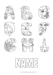 Coloring to customize Holidays Summer Beach Alphabet Flying birds and mammals Lighthouse Seagull, gull Camera Alphabet letter