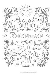 Gratis farvelægning Kat Kawaii Sol Hval Popcorn Slik, søde sager Havdyr eller vandlevende dyr Hunde og katte Ork