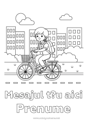 Pagină de colorat gratuită Băiat Bicicletă Peisaj urban Vehicule cu două roți Ghiozdan