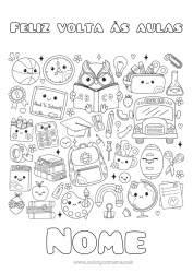 Desenho para personalizar Kawaii Bolas Coruja Ônibus, carro Professora/Professor Escola Símbolos Pássaros e mamíferos voadores Jogos e brinquedos Transporte público terrestre Mochila Globo Terrestre Profissões de educação Volta às Aulas Mensagem de Boas-vindas Quadro-negro Gorro de estudante Materiais Escolares Estojo Calculadora