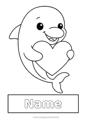 Free colouring Heart Cute Animal Dolphin Easy colouring pages Marine or aquatic animals Label Notebook cover