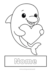 Disegno gratuito Cuore Kawaii Animale Delfino Disegni da colorare facili Animali marini o acquatici Etichetta Copertine di Quaderno