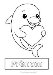 Dessin gratuit Coeur Kawaii Animal Dauphin Coloriages faciles Animaux marins ou aquatique étiquette Couverture de cahier
