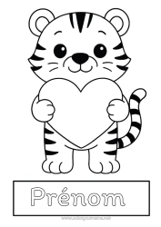 Coloriage à personnaliser Coeur Kawaii Tigre Animal Coloriages faciles Animaux sauvages d'Afrique étiquette