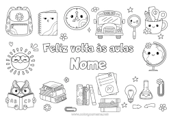 Desenho grátis Kawaii Coruja Ônibus, carro Símbolos Livro Pássaros e mamíferos voadores Leitura Transporte público terrestre Mochila Globo Terrestre Volta às Aulas Mensagem de Boas-vindas Relógio